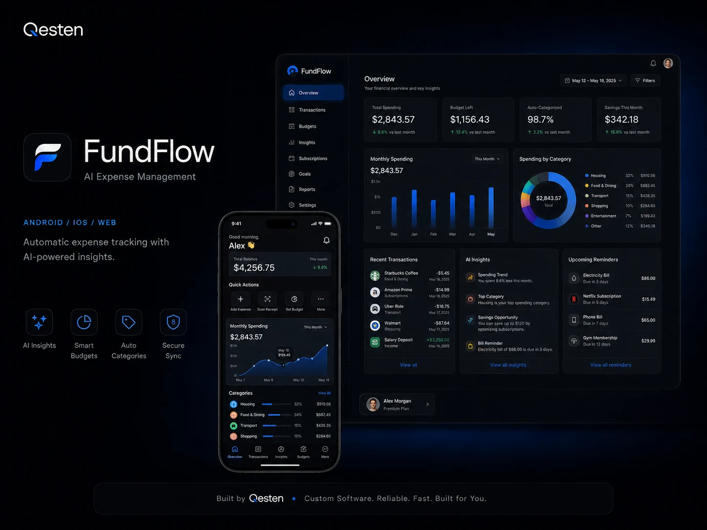 FundFlow AI expense management dashboard and mobile app